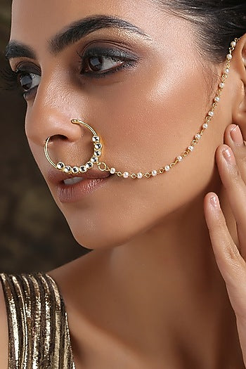 Gold Finish Kundan & Pearls Nose Ring