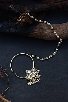 Gold Finish Polki & Pearls Nose Ring