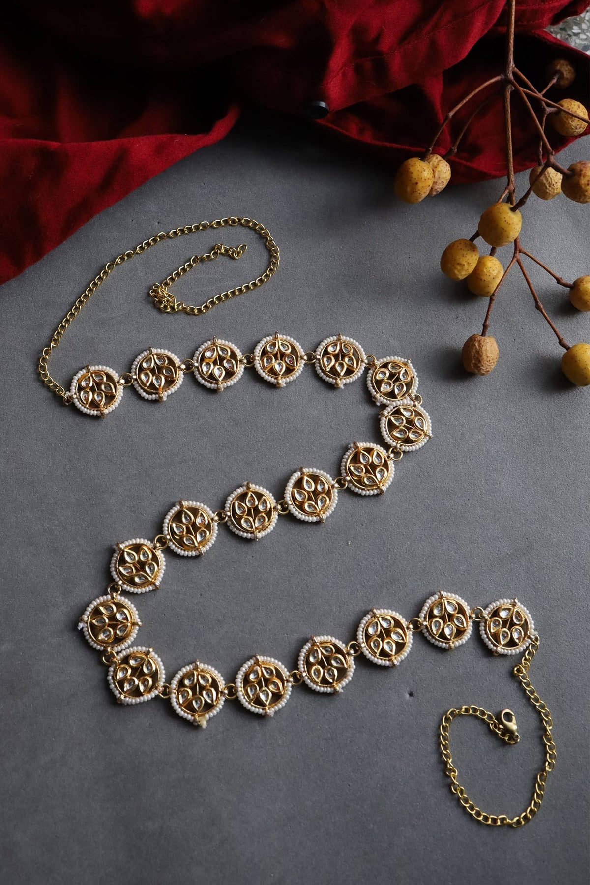 Gold Finish Polki & Pearls Waist Belt