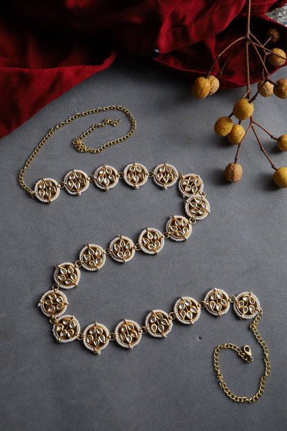 Gold Finish Polki & Pearls Waist Belt