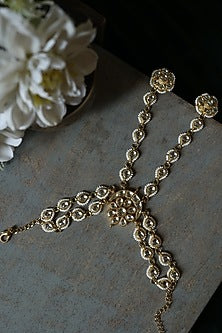 Gold Plated Kundan Polki & Pearl Floral Hathphool