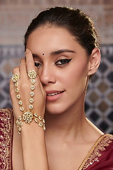 Gold Plated Kundan Polki & Pearl Floral Hathphool