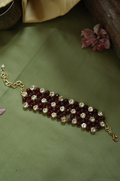 Gold Plated Kundan Polki & Red Stone Handcrafted Bracelet