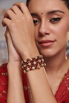 Gold Plated Kundan Polki & Red Stone Handcrafted Bracelet