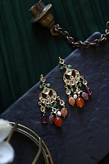 Gold Plated Kundan Polki & Multi-Colored Stone Earrings