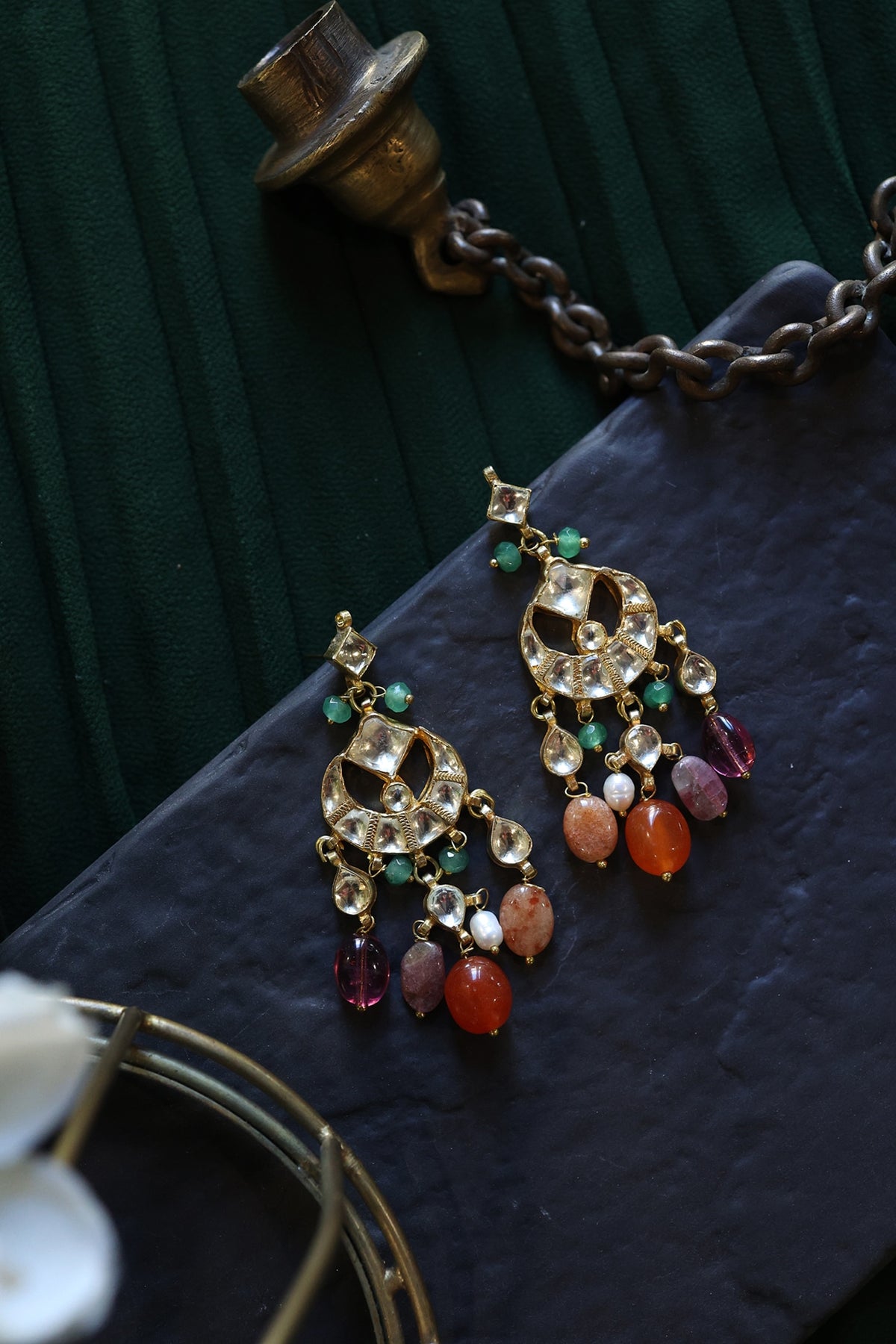Gold Plated Kundan Polki & Multi-Colored Stone Earrings