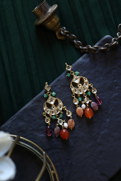 Gold Plated Kundan Polki & Multi-Colored Stone Earrings