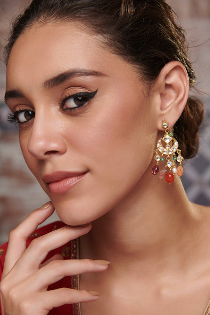 Gold Plated Kundan Polki & Multi-Colored Stone Earrings