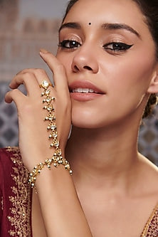 Gold Plated Kundan Polki & Pearl Hathphool