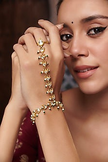 Gold Plated Kundan Polki & Pearl Hathphool