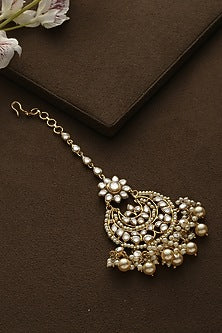 Gold Plated Kundan Polki & Pearl Crescent Shaped Maang Tikka