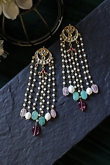 Gold Plated Kundan Polki & Multi-Colored Fluorite Stone Dangler Earrings