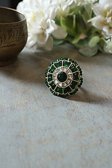Gold Plated Green Kundan Polki Floral Ring