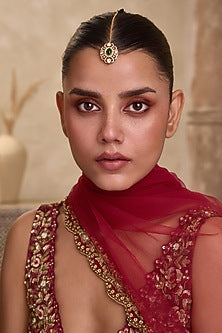 Gold Finish Kundan Polki & Oval Green Stone Maangtikka