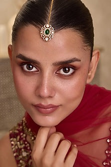 Gold Finish Kundan Polki & Oval Green Stone Maangtikka