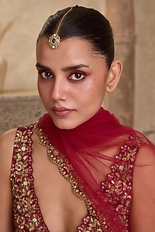 Gold Finish Kundan Polki & Oval Green Stone Maangtikka