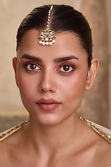 Gold Finish Mint Kundan Polki & Shell Pearl Maangtikka