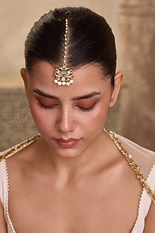 Gold Finish Mint Kundan Polki & Shell Pearl Maangtikka