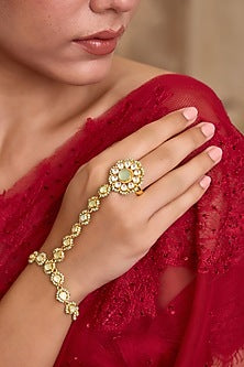 Gold Finish Mint Kundan Polki & Shell Pearl Adjustable Floral Hathphool