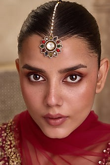 Gold Finish Kundan Polki & Shell Pearl Maangtikka