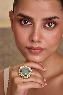 Gold Finish Kundan Polki & Aqua Doublet Stone Adjustable Ring
