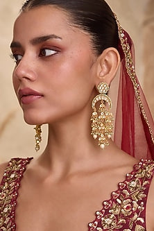 Gold Finish Kundan Polki & Mint Onyx Stone Chandelier Earrings