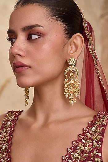Gold Finish Kundan Polki & Mint Onyx Stone Chandelier Earrings