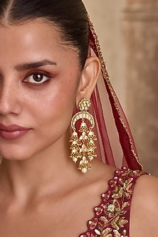 Gold Finish Kundan Polki & Mint Onyx Stone Chandelier Earrings