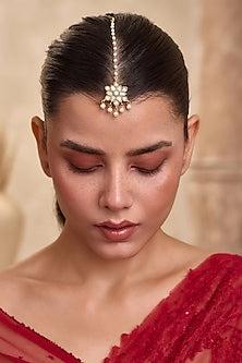 Gold Finish Kundan Polki & Pearl Drop Maangtikka