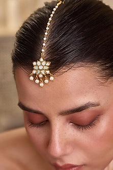 Gold Finish Kundan Polki & Pearl Drop Maangtikka