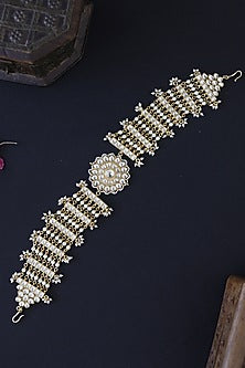 Gold Finish Kundan Polki & Pearl Headband In Sterling Silver