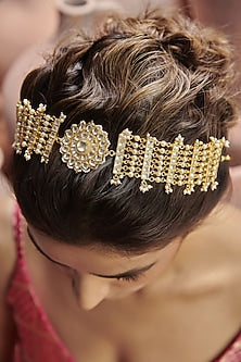 Gold Finish Kundan Polki & Pearl Headband In Sterling Silver