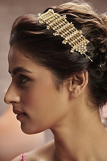 Gold Finish Kundan Polki & Pearl Headband In Sterling Silver