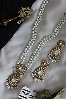 Gold Finish Kundan Polki Long Necklace Set In Sterling Silver