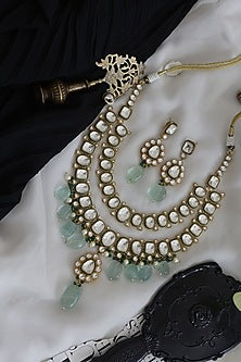 Gold Finish Kundan Polki Necklace Set In Sterling Silver