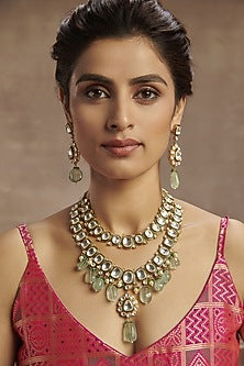 Gold Finish Kundan Polki Necklace Set In Sterling Silver