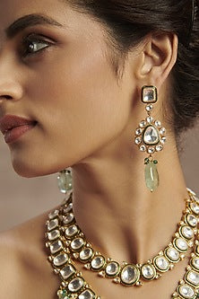 Gold Finish Kundan Polki Necklace Set In Sterling Silver