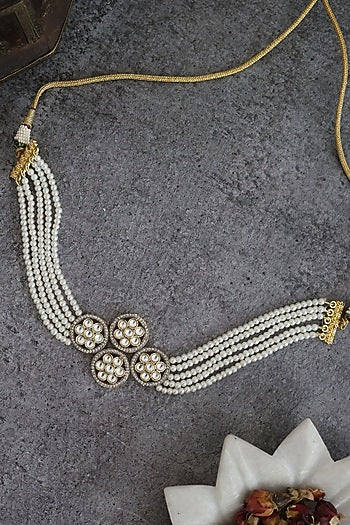 Gold Rhodium Finish Kundan Polki & Pearl Choker Necklace In Sterling Silver