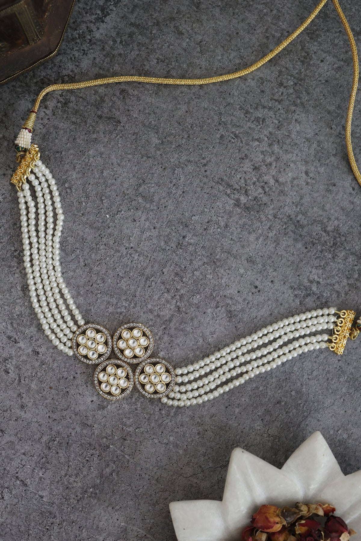 Gold Rhodium Finish Kundan Polki & Pearl Choker Necklace In Sterling Silver