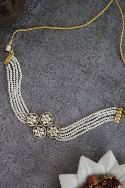 Gold Rhodium Finish Kundan Polki & Pearl Choker Necklace In Sterling Silver
