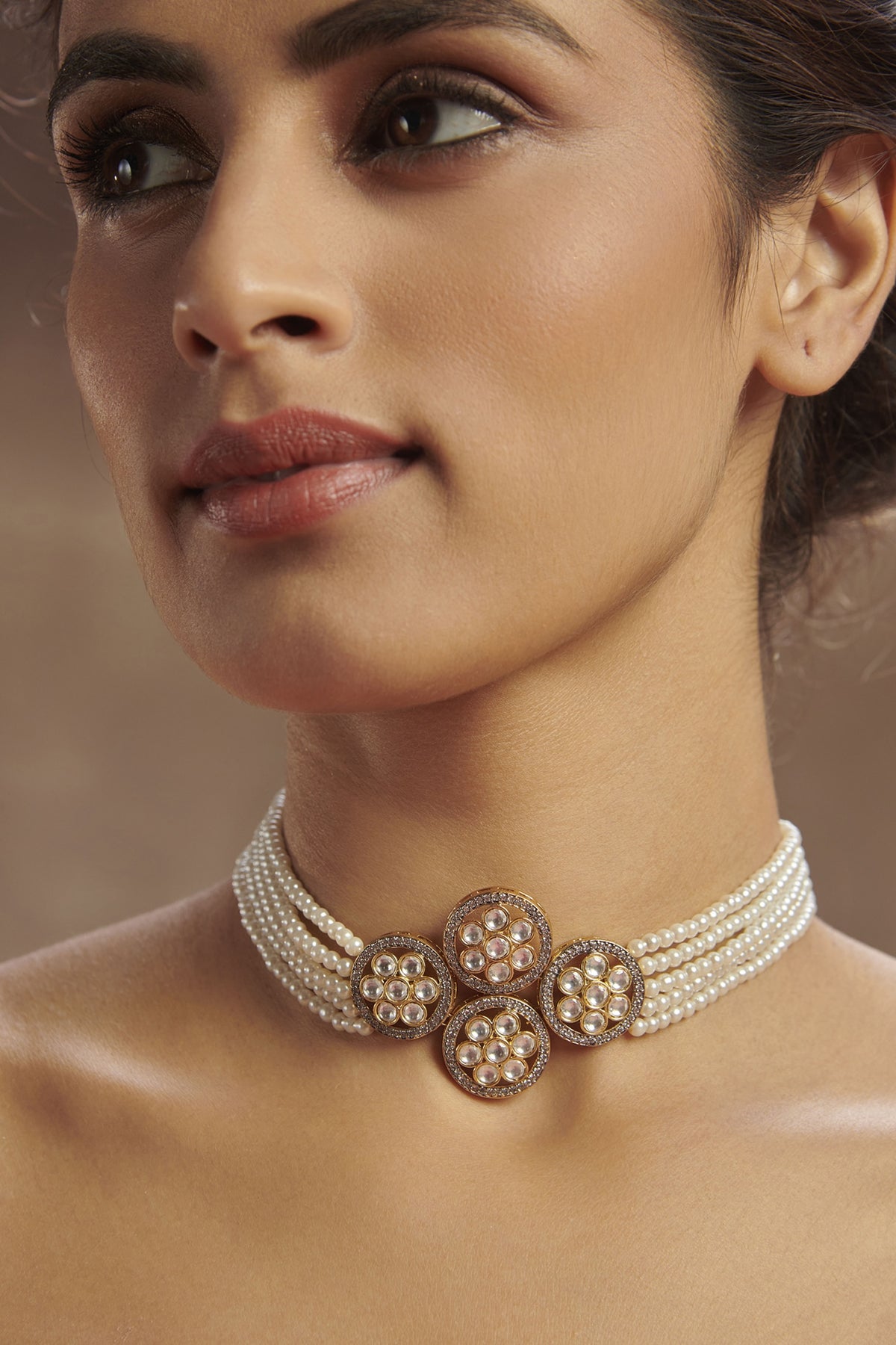 Gold Rhodium Finish Kundan Polki & Pearl Choker Necklace In Sterling Silver