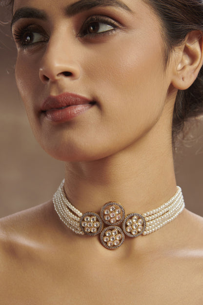 Gold Rhodium Finish Kundan Polki & Pearl Choker Necklace In Sterling Silver