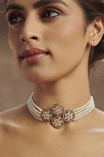 Gold Rhodium Finish Kundan Polki & Pearl Choker Necklace In Sterling Silver