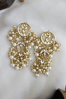 Gold Finish Kundan Polki & Pearl Dangler Earrings In Sterling Silver