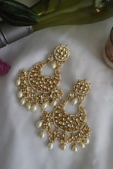 Gold Finish Kundan Polki Chandbali Earrings In Sterling Silver