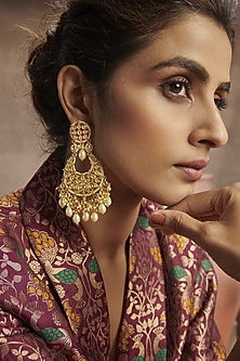 Gold Finish Kundan Polki Chandbali Earrings In Sterling Silver