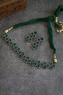 Rhodium Finish Green Natural Stone Choker Necklace Set In Sterling Silver