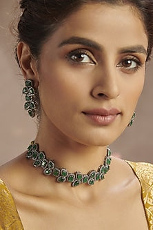 Rhodium Finish Green Natural Stone Choker Necklace Set In Sterling Silver