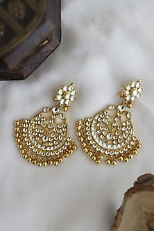 Gold Finish Kundan Polki Chandbali Earrings In Sterling Silver