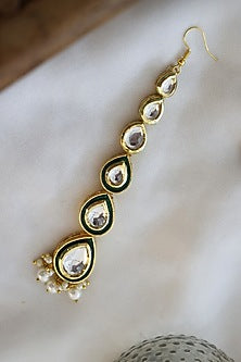 Gold Finish Kundan Polki & Pearl Meenakari Maang Tikka In Sterling Silver